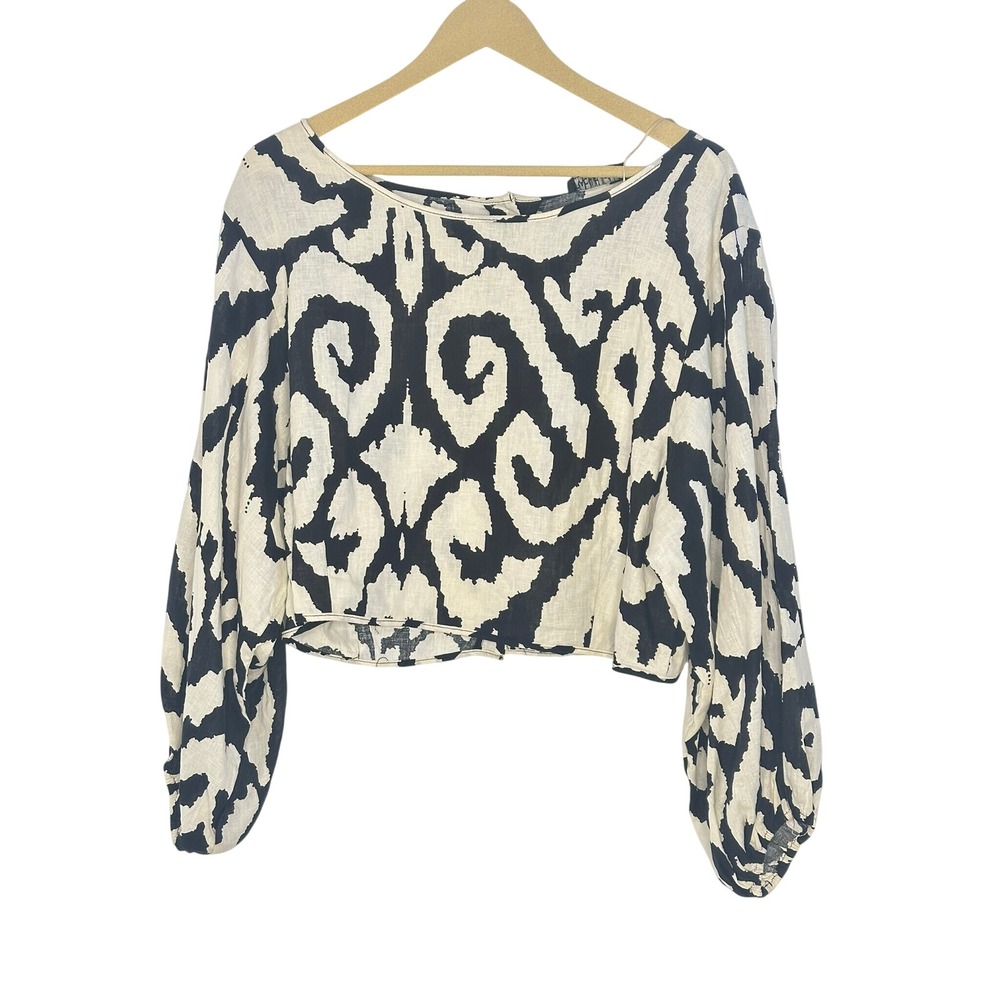 Rachel Zoe Crop Top Womens Small Black White Ikat Linen Blend Boho Long Sleeve